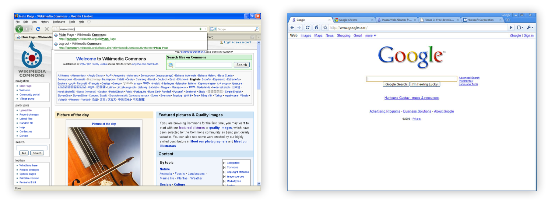 Firefox 3 and Google Chrome 0.2.149 on Windows XP in late 2008. Firefox and Chrome in 2009